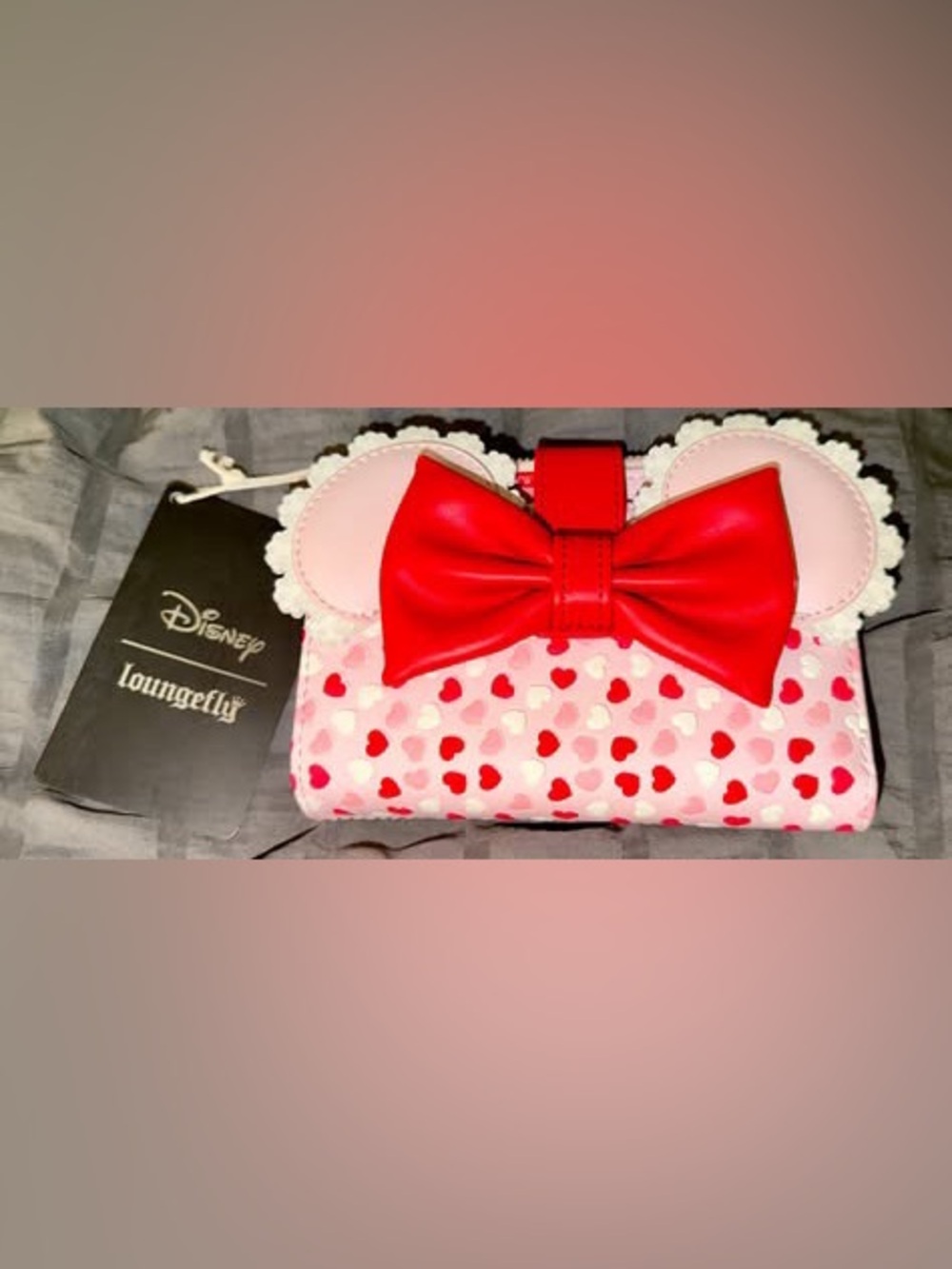 Loungefly Pink Minnie Heart Wallet with Red Bow Accent